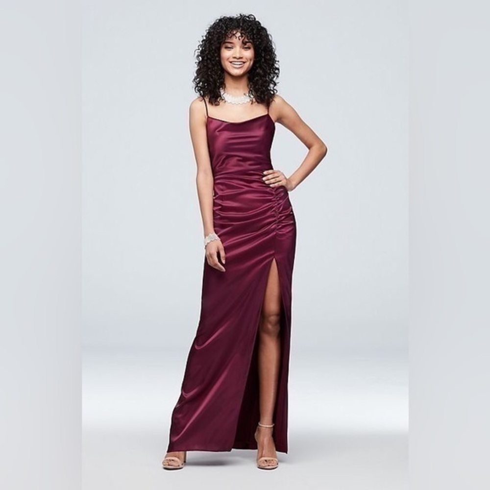 BETSY AND ADAM Ruched Low Back Satin Cowlneck Sheath Dress with Slit Women’s 4